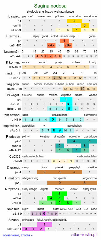 ekologiczne liczby wskaźnikowe Sagina nodosa (karmnik kolankowaty)