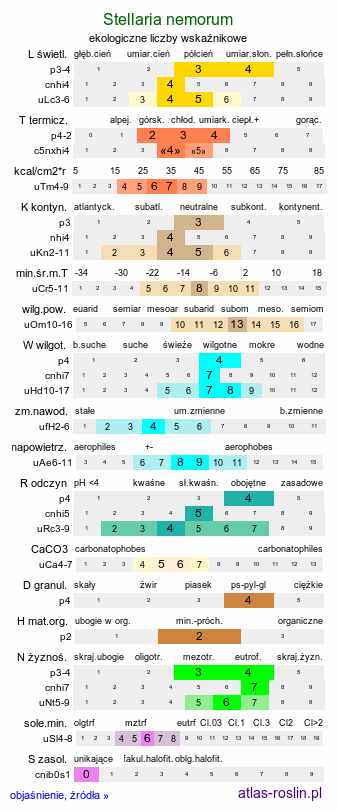 ekologiczne liczby wskaźnikowe Stellaria nemorum (gwiazdnica gajowa)