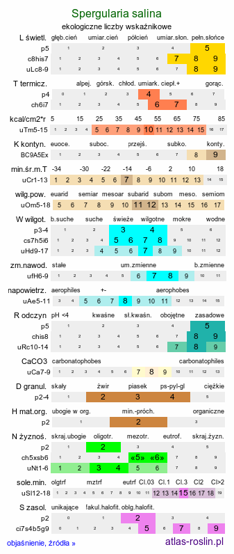 ekologiczne liczby wskaźnikowe Spergularia salina (muchotrzew solniskowy)